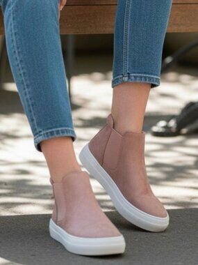 Blush Nubuck Slip-On Platform Sneakers With Elastic Side Panels & White Soles Fo